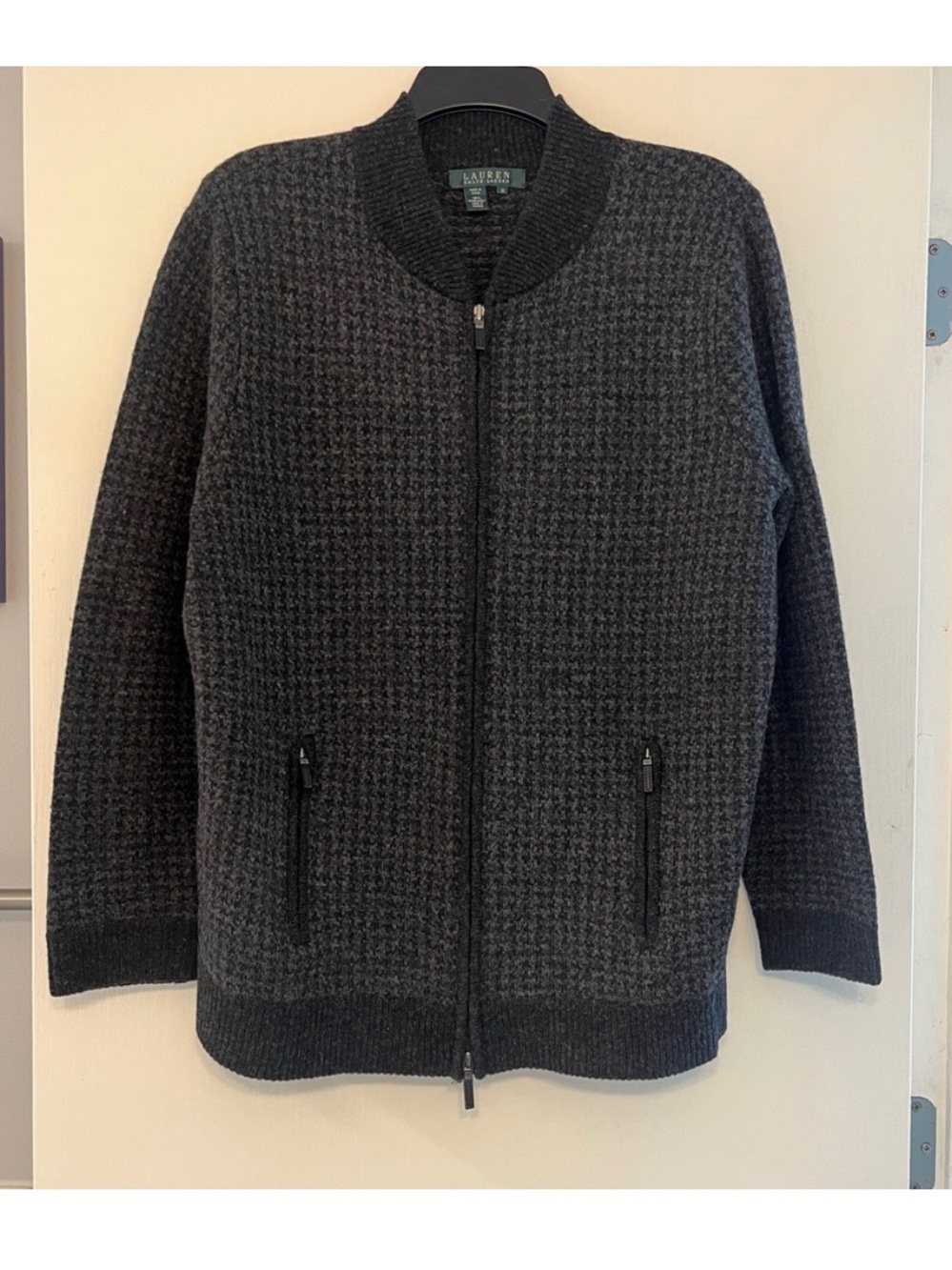 Ralph Lauren Black & Charcoal 100% Wool Houndstooth Zip Bomber Jacket Sweater